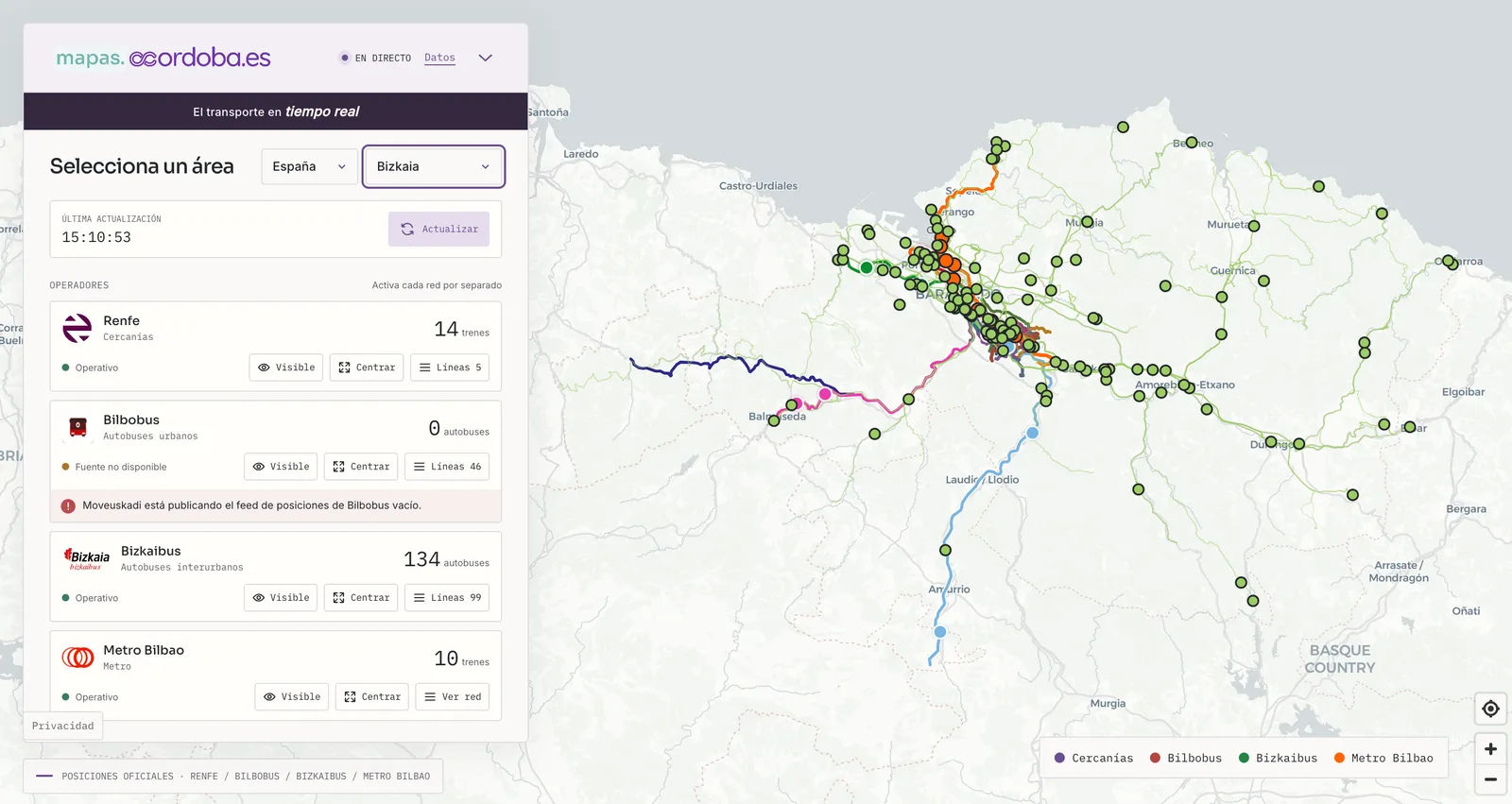 Visor de mapas.ccordoba.es mostrando el transporte en tiempo real de Bizkaia: trenes de Cercanías, Bilbobus, Bizkaibus y Metro Bilbao sobre el mapa