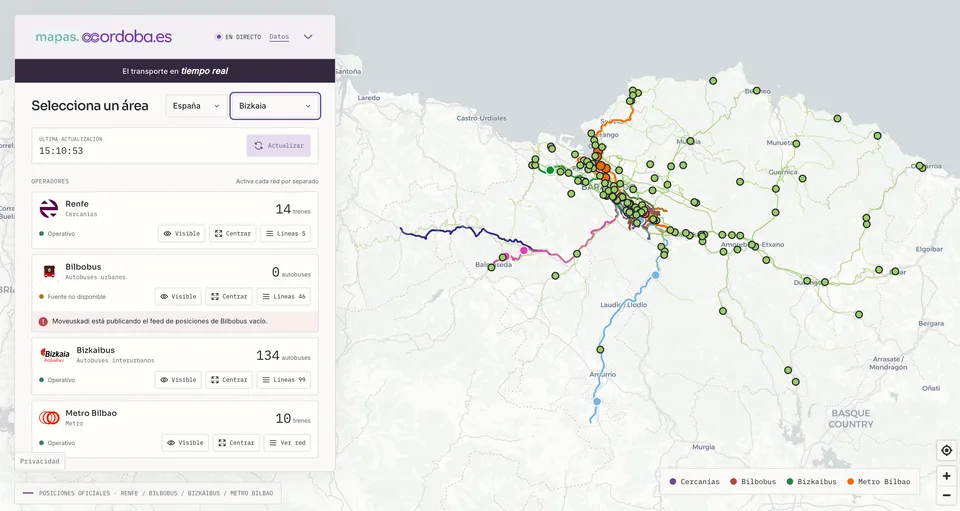 Visor de mapas.ccordoba.es mostrando el transporte en tiempo real de Bizkaia: trenes de Cercanías, Bilbobus, Bizkaibus y Metro Bilbao sobre el mapa